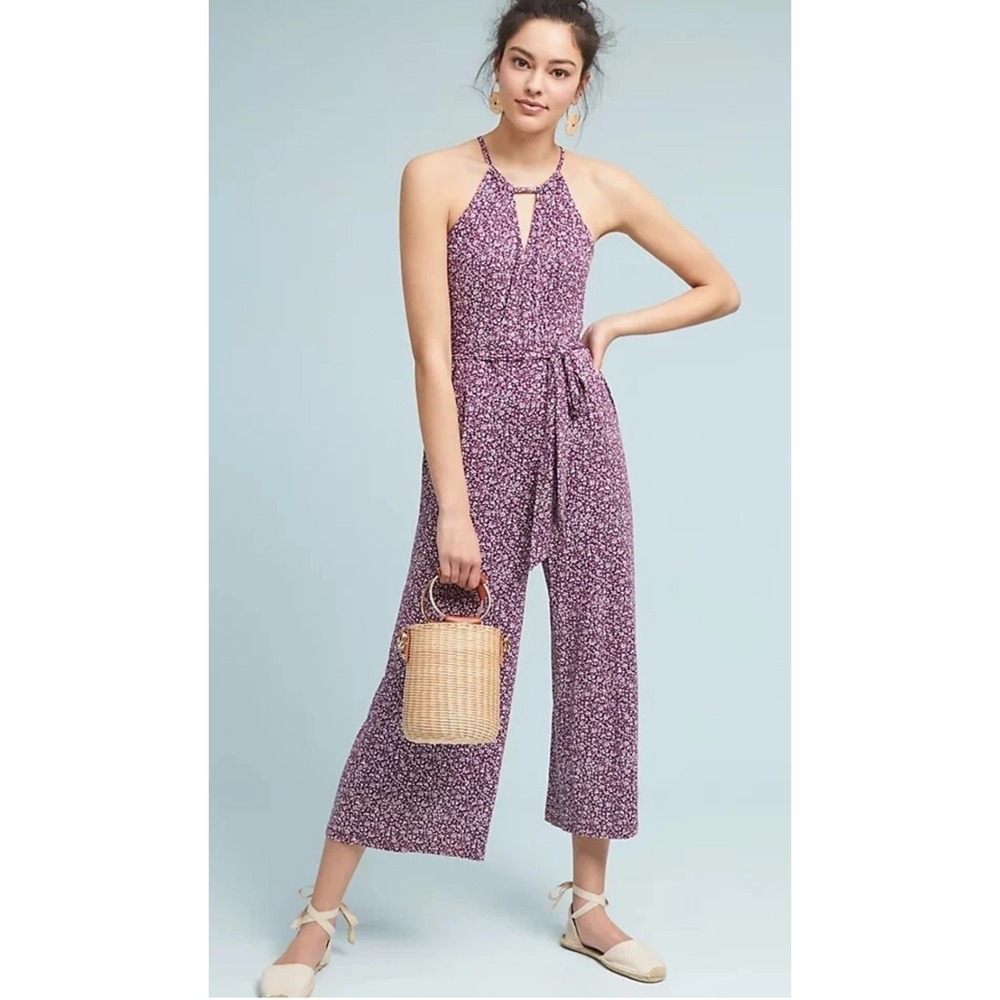 Maeve Anthropologie Purple Floral Halter Jumpsuit Wide Leg Cropped Medium